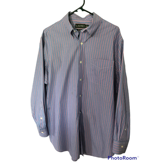 Lauren Ralph Lauren Men's Non-Iron Shirt in Blue w/Red Stripes, Size 17 - 32/33 - Picture 1 of 5